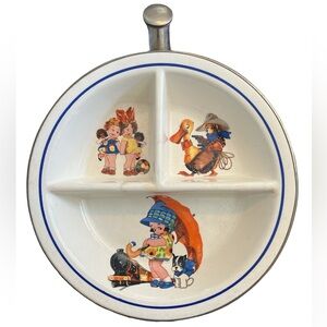 Vintage 1950s Baby Food Dish Warmer Metal Porcelain Nursery Rhyme 3 Section